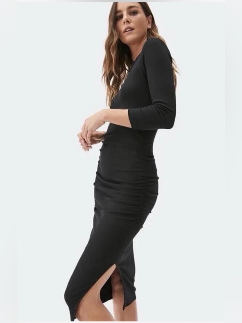 Michael Stars Ultra Rib Olive Green 3/4 Sleeve Ruched Midi Dress with Side Slit - Picture 8 of 9
